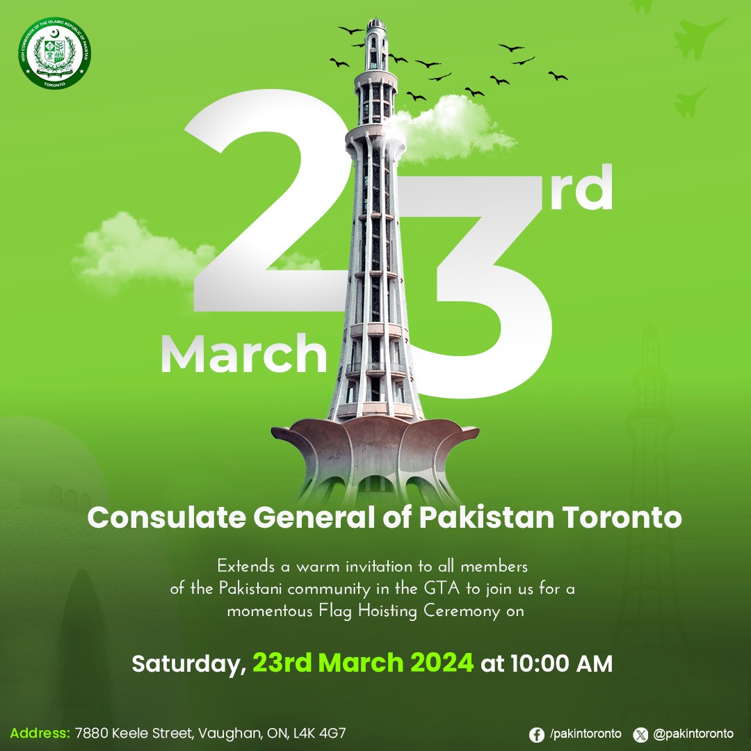 Invitation to Flag Hoisting Ceremony by the Consulate General of Pakistan in Toronto